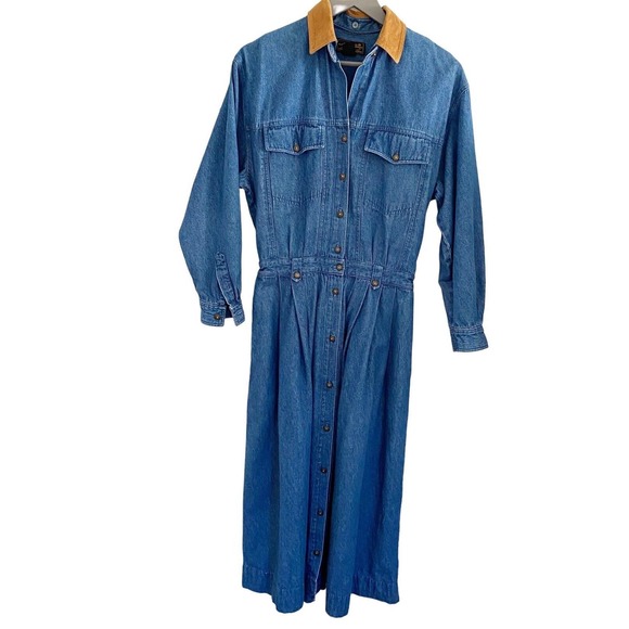 Vintage Eddie Bauer Women’s Denim Dress With Removable Collar In Tan Suede S - Picture 1 of 8
